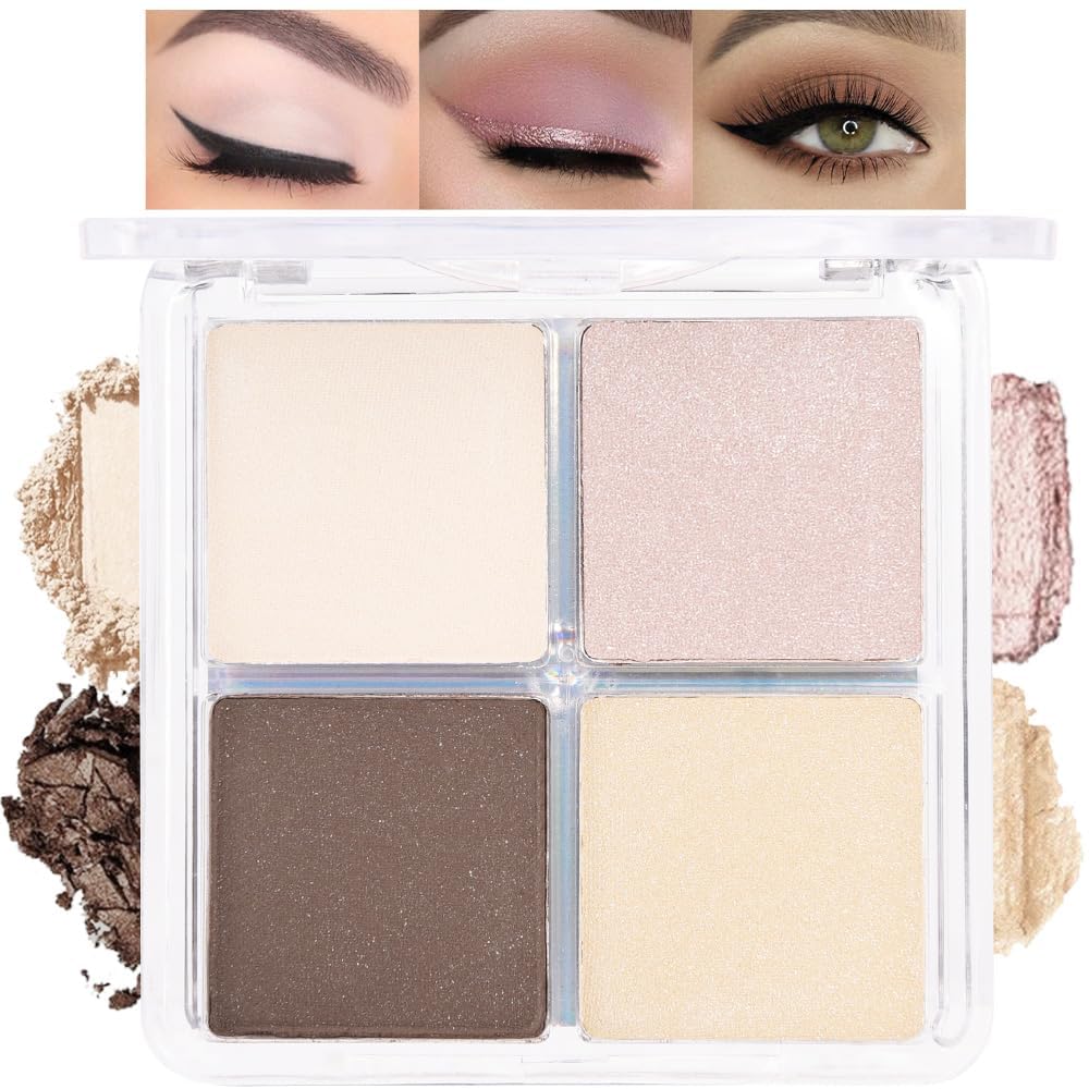 4 Colors Vanilla Nude Eyeshadow Palette, Light Beige Pink Ivory White Quads, Matte & Shimmer Soft Blendable Eye Shadow, Natural Everyday Makeup for Mature Skin, Vegan, Sombras de Ojos