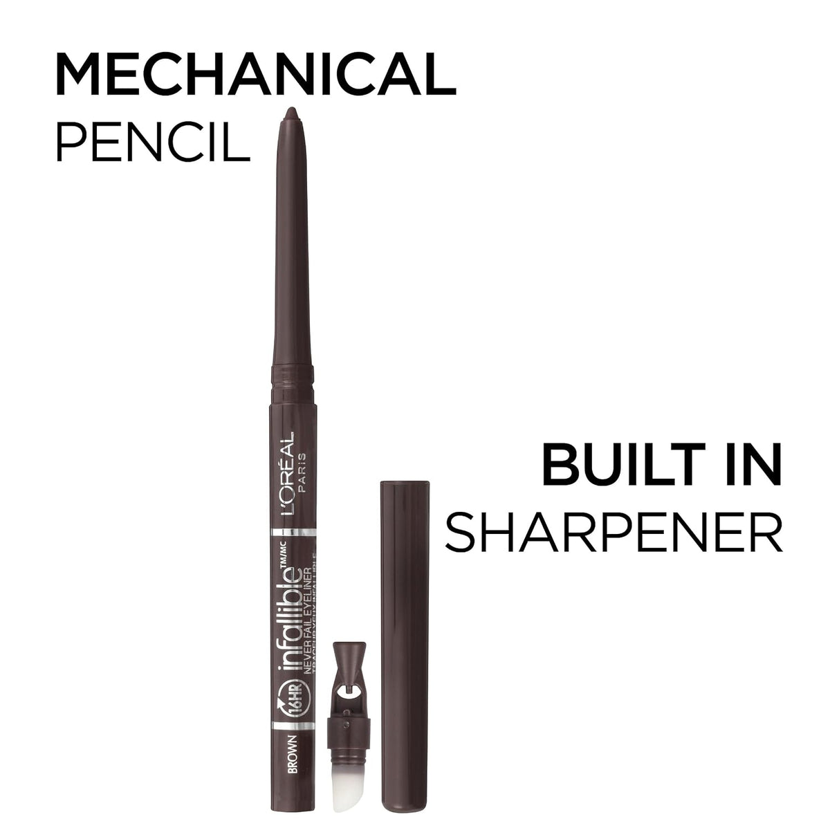 L'Oreal Paris Makeup Infallible Never Fail Original Mechanical Pencil Eyeliner with Built in Sharpener, Black Brown, 0.008 oz., 2 Count