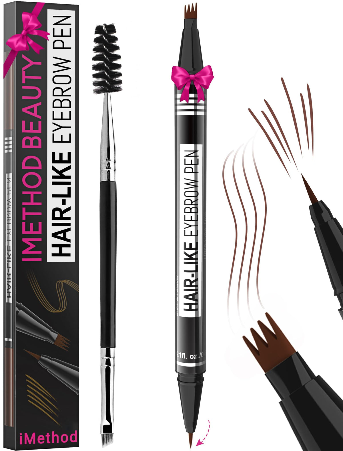iMethod Eyebrow Pen - Eyebrow Pencil Magical 2-in-1 Eye Brow Pencils for Women with 4-Fork-Tip & Precise Brush-Tip for Natural Hair-Like Brows, Last All-Day, with Eyebrow Spoolie Brush, Black Brown