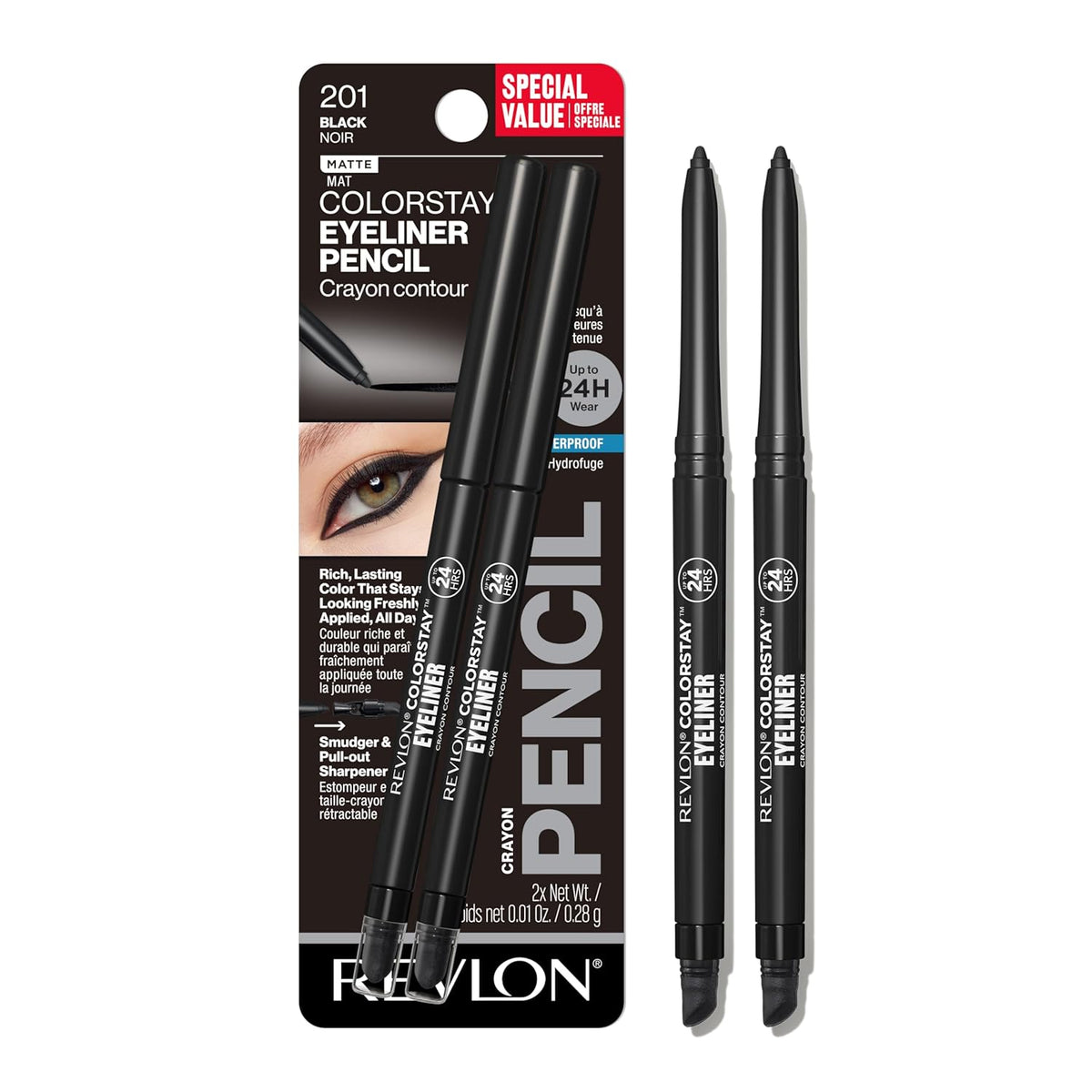 Revlon ColorStay Pencil Waterproof Eyeliner, 201 Black, 2 pack