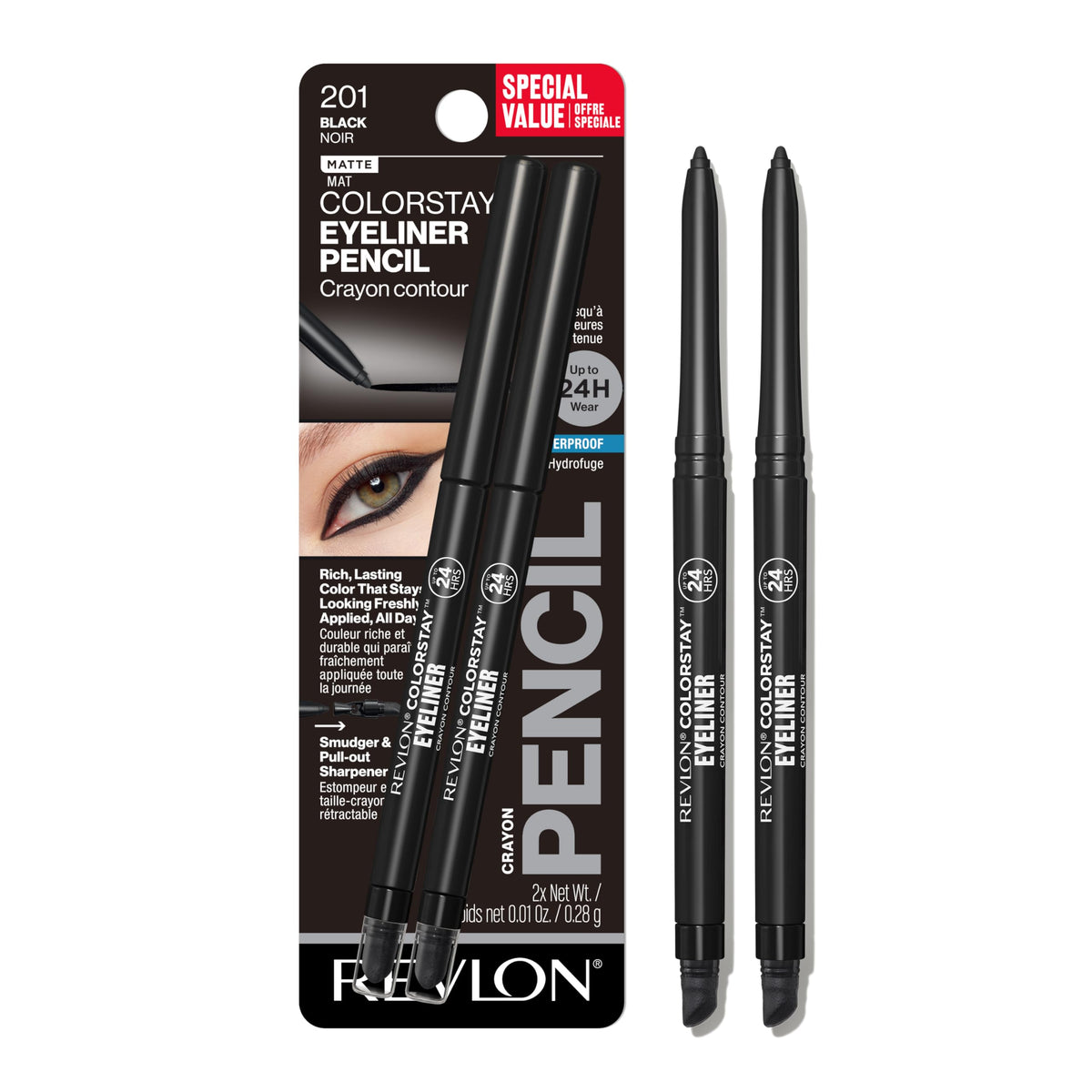 Revlon ColorStay Pencil Waterproof Eyeliner, 201 Black, 2 pack
