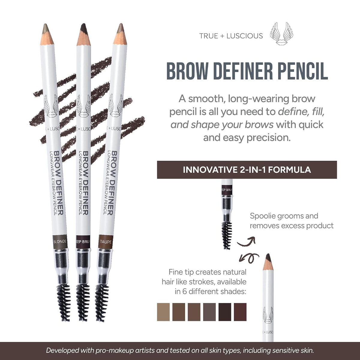 True + Luscious Brow Definer Pencil | Pomade and Powder Combo with Organic Castor Oil | Fills Shapes Eyebrows Waterproof Long-Lasting Vegan Cruelty-Free Clean Waterproof | Taupe (Universal)