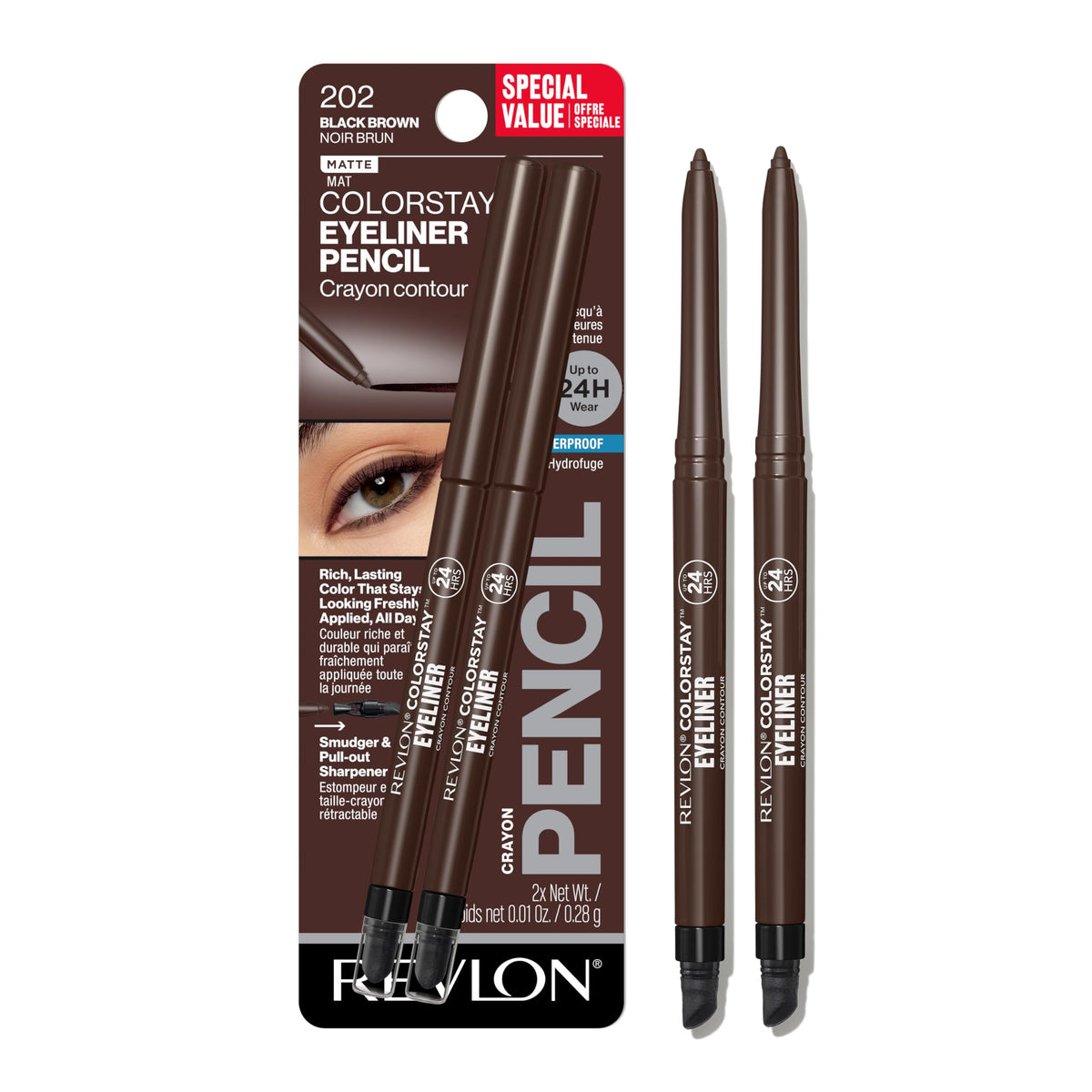 Revlon ColorStay Pencil Waterproof Eyeliner, 201 Black, 2 pack