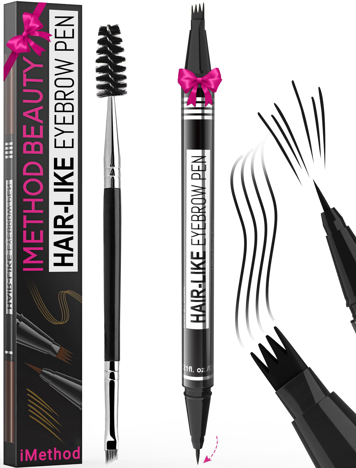 iMethod Eyebrow Pen - Eyebrow Pencil Magical 2-in-1 Eye Brow Pencils for Women with 4-Fork-Tip & Precise Brush-Tip for Natural Hair-Like Brows, Last All-Day, with Eyebrow Spoolie Brush, Black Brown