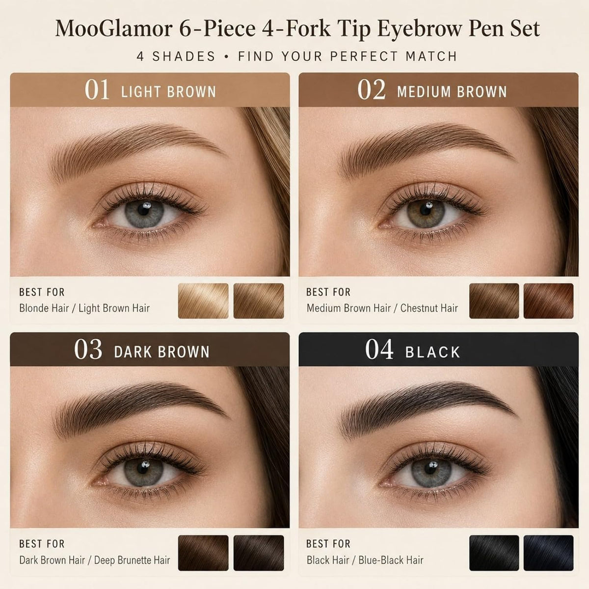 6-Piece 4-Fork Tip Eyebrow Pen Set（#03）