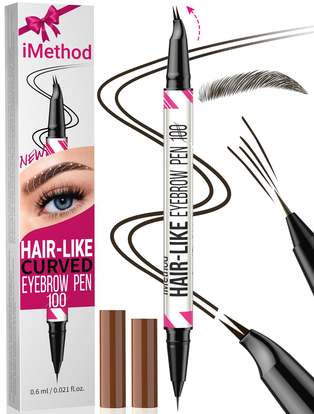 iMethod Curved Eyebrow Pen - 2-in-1 Dual-Ended Microblading Eyebrow Pencil with Curved Tip and Precise Brush-Tip, Brow Pen for Natural Hair-Like Brows, Lasts All-Day, Brown