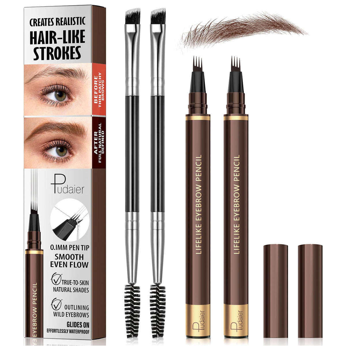 2 Pack 4-Tip Microblading Eyebrow Pen with 2 Brow Brushes, Waterproof Vegan Formula Eyebrow Pencils for Women to Effortlessly Create Natural Hair-Like Strokes, All-Day Wear (Light Brown)