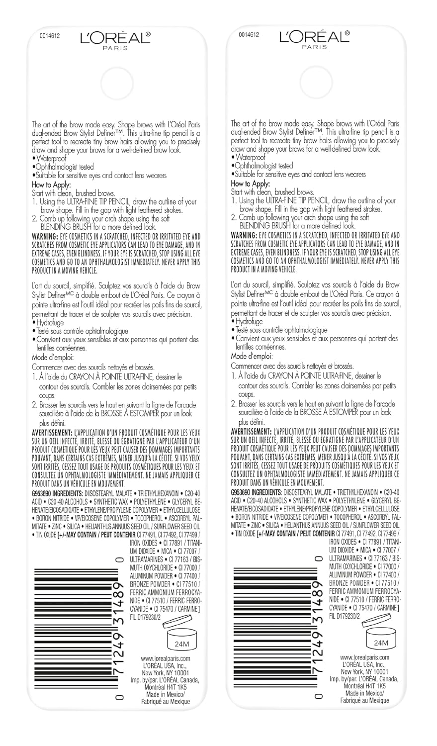 L'Oreal Paris Makeup Brow Stylist Definer Waterproof Eyebrow Pencil, Ultra-Fine Mechanical Pencil, Draws Tiny Brow Hairs and Fills in Sparse Areas and Gaps, Dark Brunette, 0.11 Ounce (Pack of 2)