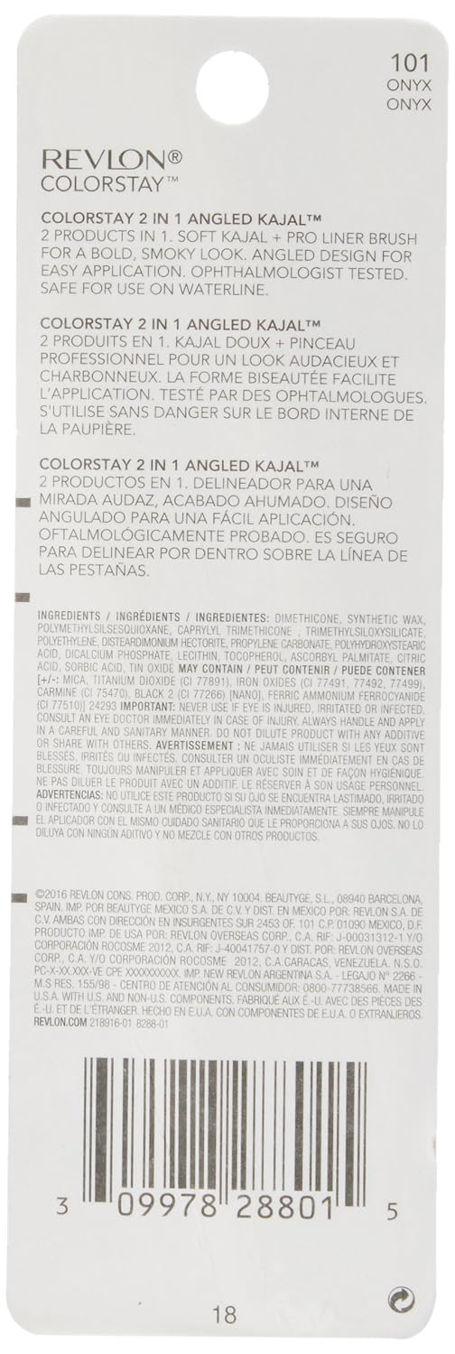 Revlon Pencil Eyeliner, ColorStay 2-in-1 Eye Makeup,Waterproof, Longwearing with Smudge Brush, Angled Kajal Eyeliner, 101 Onyx, 0.01 Oz