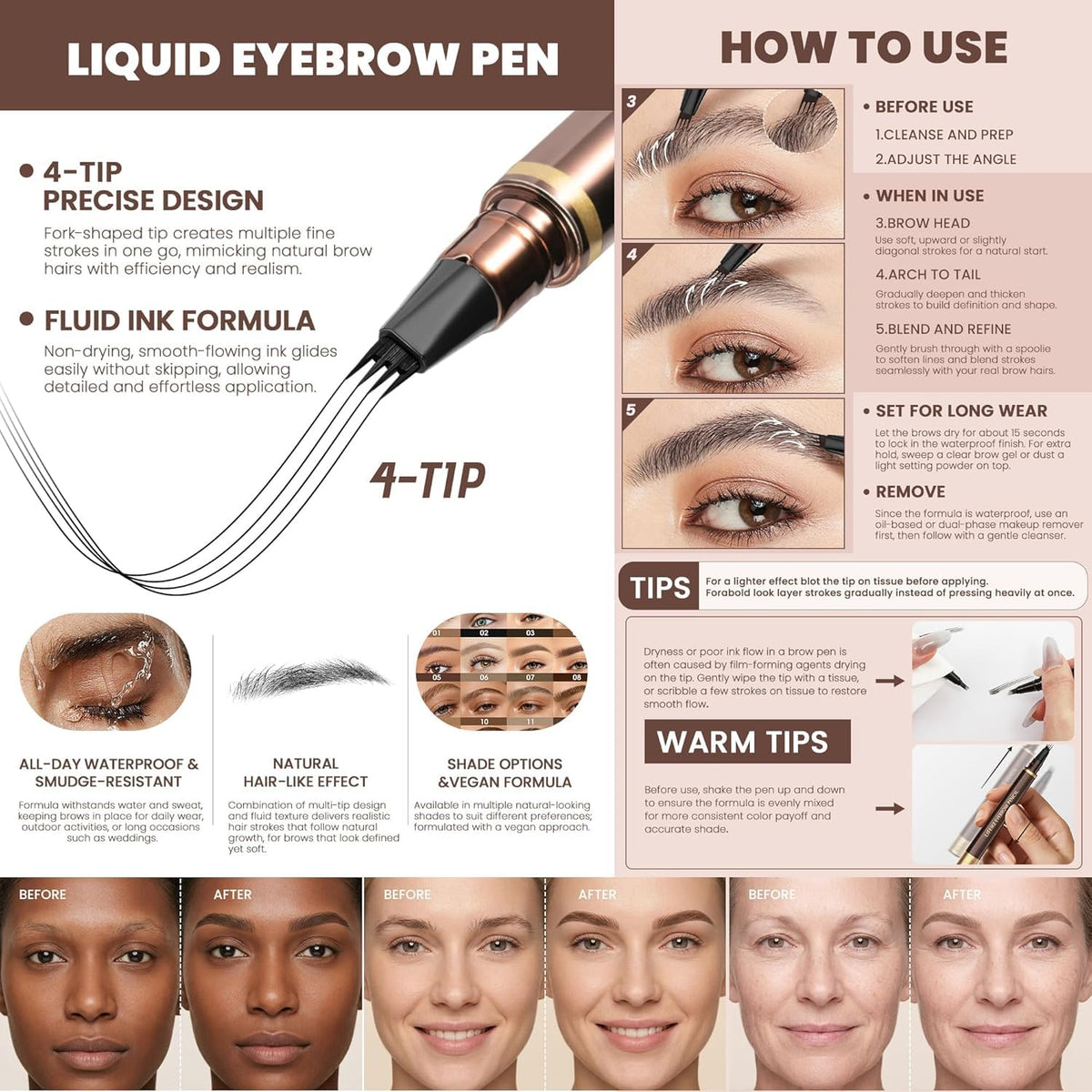 2 Pack Eyebrow Pen, Waterproof Microblading Eyebrow Pencil, 4 Tip Precise Eye Brow Makeup Pen for Women to Effortlessly Create Hair Like Natural Brows, Non Dry Out and Last All Day (Medium Brown)