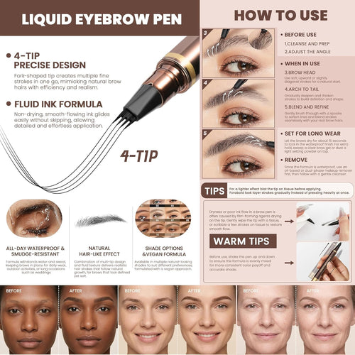 2 Pack Eyebrow Pen, Waterproof Microblading Eyebrow Pencil, 4 Tip Precise Eye Brow Makeup Pen for Women to Effortlessly Create Hair Like Natural Brows, Non Dry Out and Last All Day (Medium Brown)