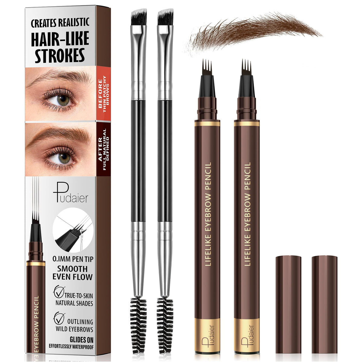 2 Pack 4-Tip Microblading Eyebrow Pen with 2 Brow Brushes, Waterproof Vegan Formula Eyebrow Pencils for Women to Effortlessly Create Natural Hair-Like Strokes, All-Day Wear (Light Brown)