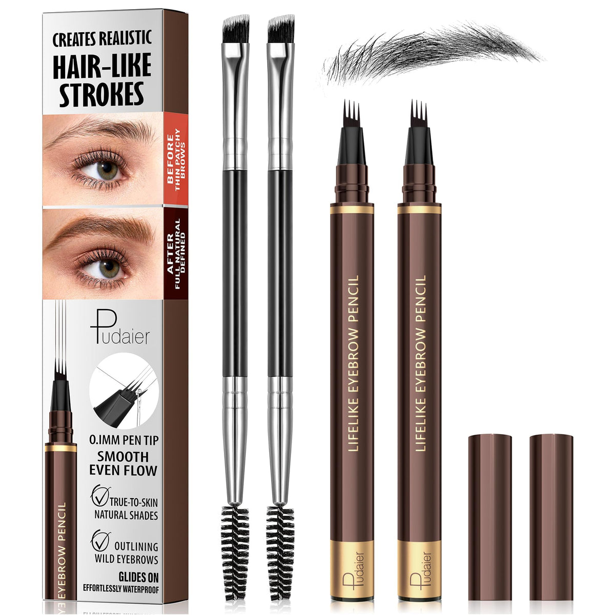 2 Pack 4-Tip Microblading Eyebrow Pen with 2 Brow Brushes, Waterproof Vegan Formula Eyebrow Pencils for Women to Effortlessly Create Natural Hair-Like Strokes, All-Day Wear (Light Brown)