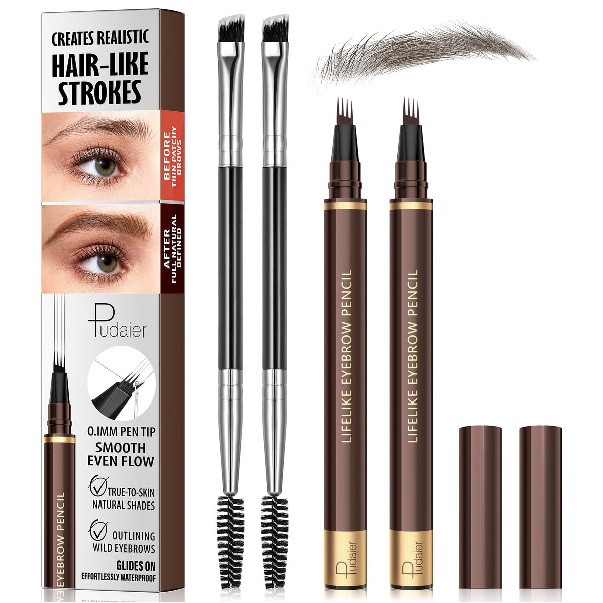 2 Pack 4-Tip Microblading Eyebrow Pen with 2 Brow Brushes, Waterproof Vegan Formula Eyebrow Pencils for Women to Effortlessly Create Natural Hair-Like Strokes, All-Day Wear (Light Brown)