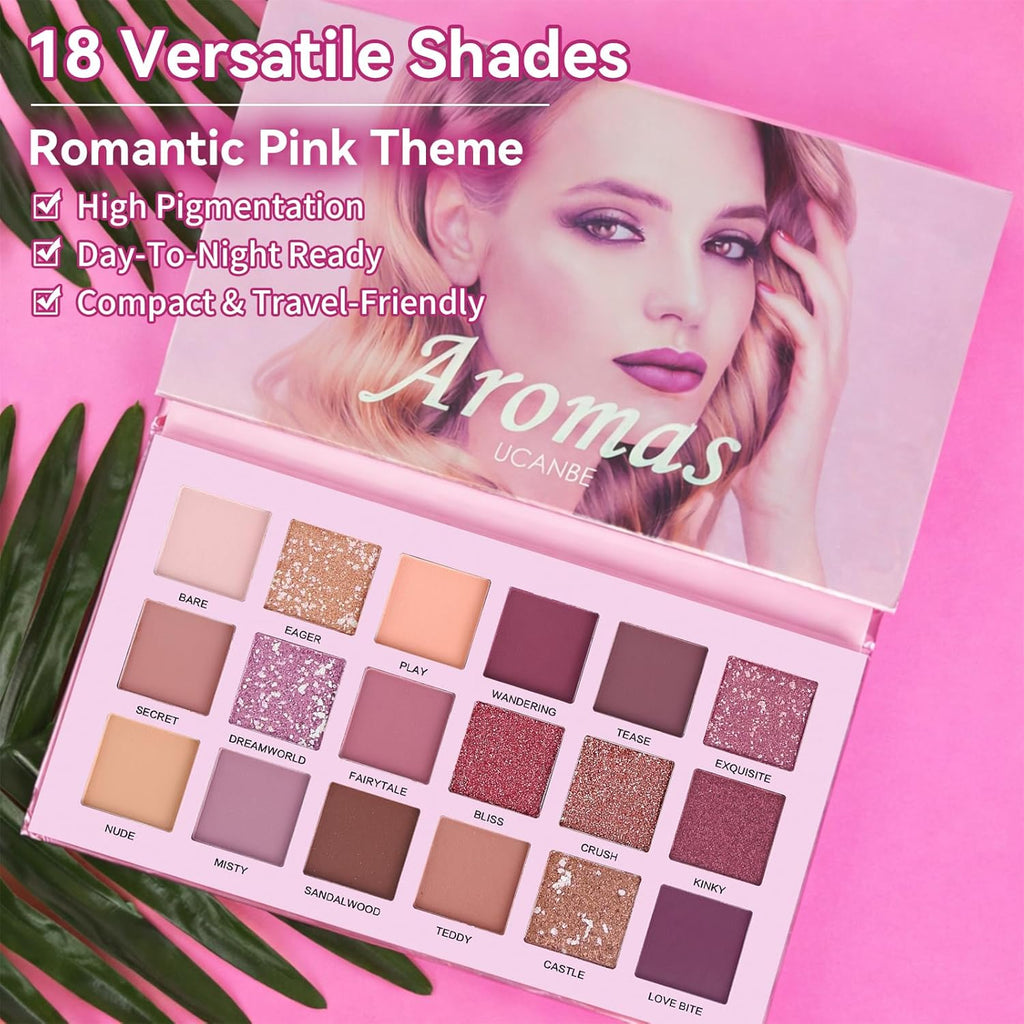 UCANBE Professional 18 Colors Aromas Nude Eyeshadow Palette Long Lasting Multi Reflective Shimmer Matte Glitter Pressed Pearls Eye Shadow Makeup Pallet Kit